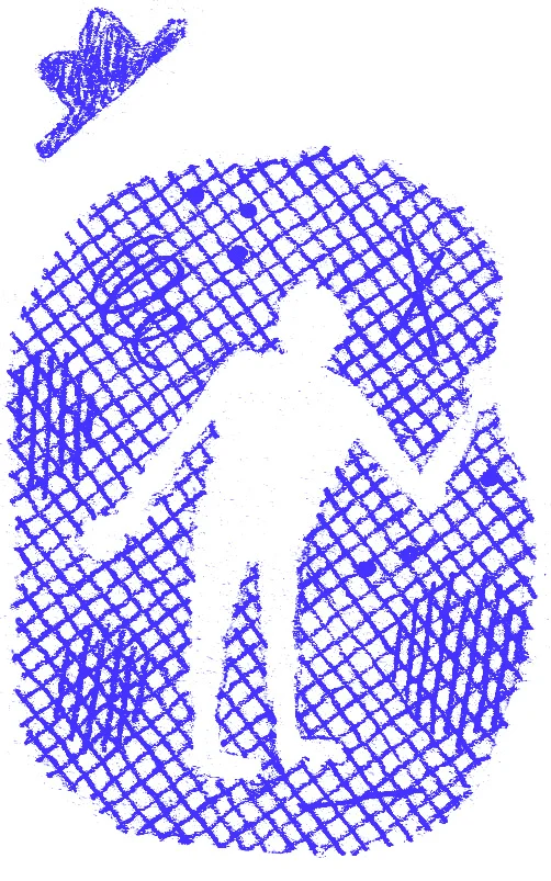 Silhouette gravée d’une figure traversant un seuil, un oiseau au-dessus d’elle